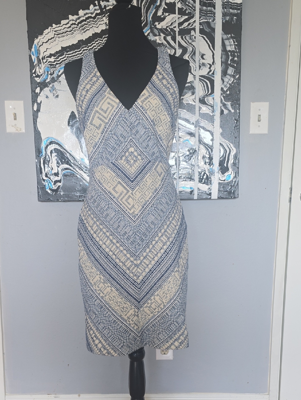 Amanda Uprichard Navy and White Geometric Halter Maxi Dress